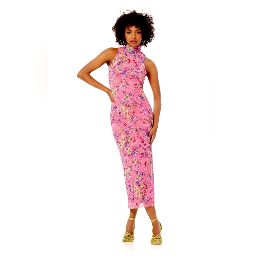 AFRM Poste Turtleneck Mesh Midi Dress in Pink Paisley